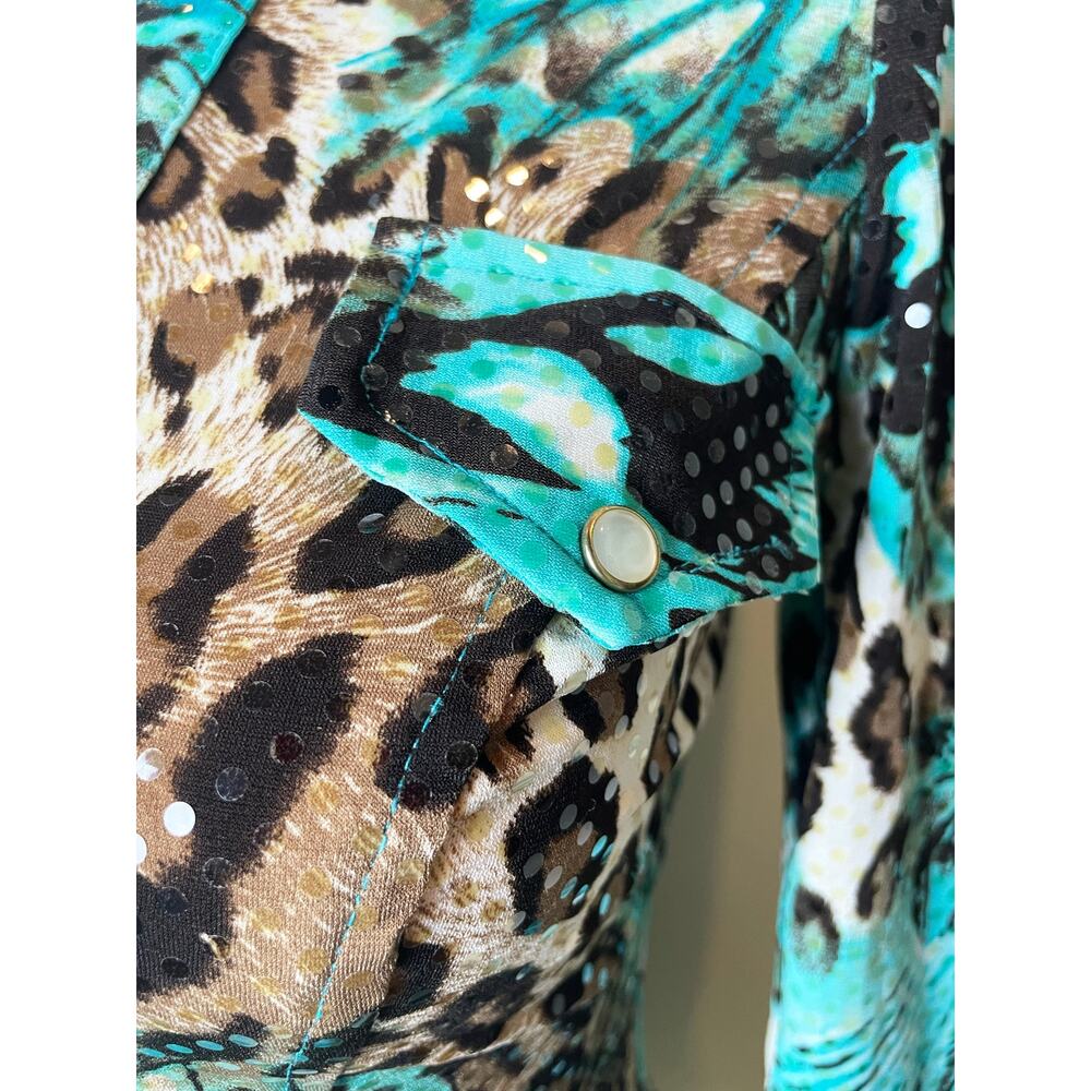 Cache Vintage Rhinestone Embellished Animal Print Snap-Front Top Sz S - Picture 5 of 13